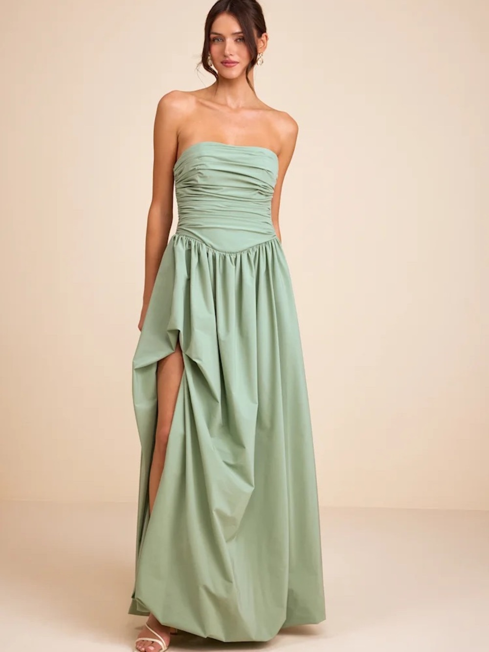 Marilou Sage Green Strapless Ruched Lace-Up Maxi Dress (Lulus)